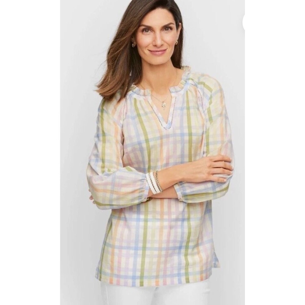 Talbots Rainbow Plaid Gingham Cotton Tunic Blouse M Ruffle Neck Pastel